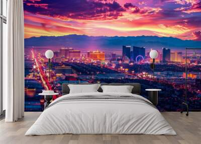 A cityscape with a large tower in the background. The sky is a mix of colors, including red and blue. The city is lit up with neon lights, creating a vibrant and lively atmosphere Wall mural