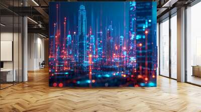 A cityscape with many buildings and lights. The lights are in different colors and are scattered throughout the scene. Scene is futuristic and vibrant. Wall mural