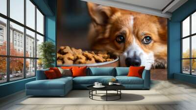 A cute corgi lies near a bowl of food. A beautiful pet enjoys relaxing near a bowl full of dog food. Animals concept. Wall mural