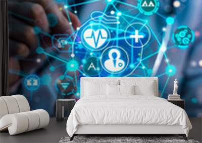 A doctor in a white coat holds a stethoscope in his hands around healthcare icons with blue highlighting on a dark background. Medicine concept, healthcare. Wall mural