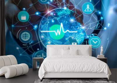 A doctor in a white coat holds a stethoscope in his hands around healthcare icons with blue highlighting on a dark background. Medicine concept, healthcare. Wall mural