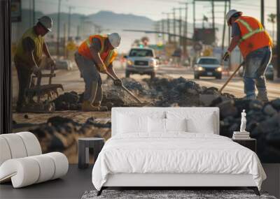 A group of people are working to repair a road. Beautiful realistic shot of the working atmosphere. Wall mural