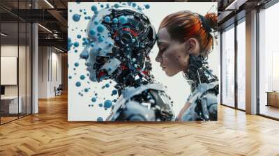 A human and a robot face each other in an ethereal setting with cascading blue water, showcasing the blend of technology and humanity Wall mural