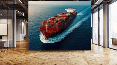 A large cargo ship navigates through calm ocean waters under a clear sky during sunset, showcasing vibrant containers stacked high on deck Wall mural