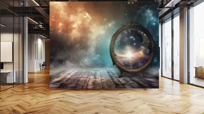 A large glowing mirror in the shape of a circle floats in the sky above the wooden floor. The circle is surrounded by a hazy, otherworldly atmosphere. Wall mural