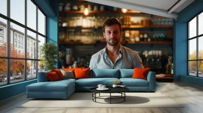 A man is standing in a coffee shop with a smile on his face. He is wearing a white shirt and a black watch. The coffee shop is filled with various items such as cups, bowls, and potted plants Wall mural