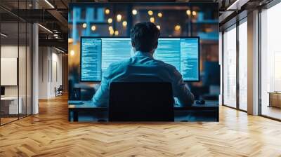 A person working at a desk in a modern office with multiple screens displaying cityscape and code at night Wall mural