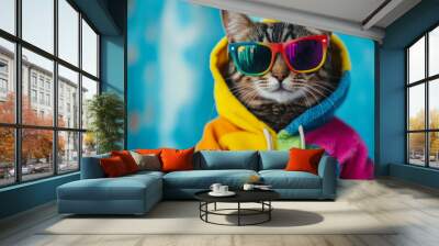 A stylish cat in colorful sunglasses and a vibrant hoodie poses confidently against a bright blue background during a sunny day Wall mural