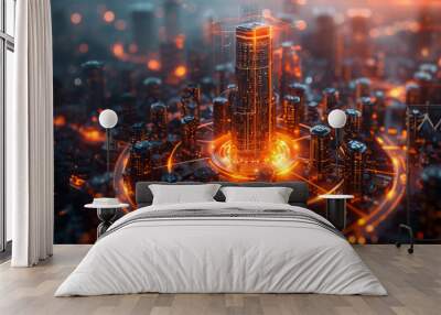 A technological microchip in the center with a digital city with a bright orange backlight. Technology growth concept. Wall mural