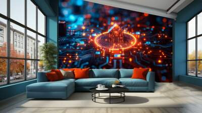 A technological microchip in the center with a digital city with a bright orange backlight. Technology growth concept. Wall mural