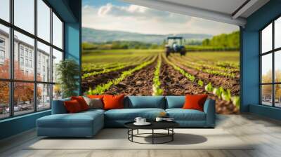 A tractor drives through a muddy field. The sky is cloudy, the sun is setting. Agriculture, gardening concept. Wall mural