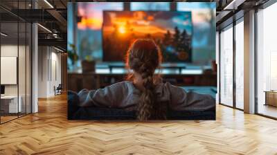 A young girl sits on the sofa and enjoys watching cartoons. Teenager watching TV at home. Vacation concept. Wall mural