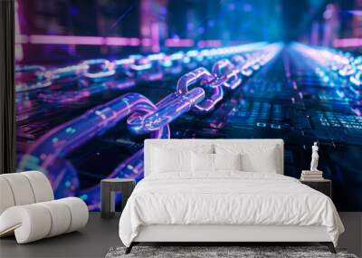 Abstract futuristic image of blockchain symbolized on long neon chains in a technological environment. Concept of technology, protection. Copy space. Wall mural