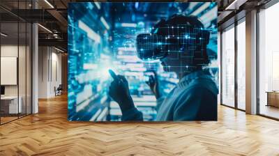 An employee of a modern laboratory in a white coat and glasses in a technology room with virtual digital screens in blue. Technology, science concept. Wall mural