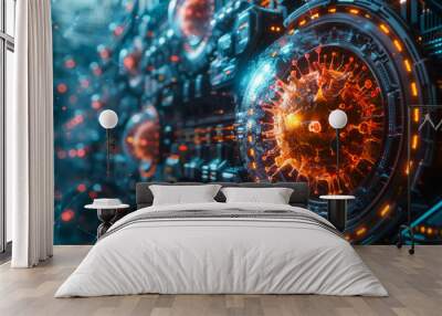 Bright neon antivirus in the digital technological world. Abstract background. Wall mural