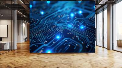 Close-up of a chip on a printed circuit board, microprocessor. Printed diagram. Location of tracks. Technology concept. Wall mural