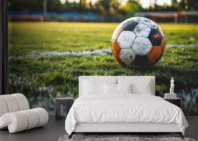 Close-up of a large green soccer field with a ball in the foreground. A soccer ball lies on the field. Sport and game concept. Wall mural