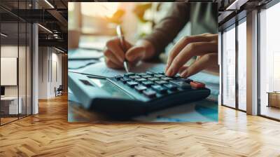 Close-up of a woman's hand using a calculator to calculate finances, working in the office at the table. Finance and economics or business concept. Wall mural