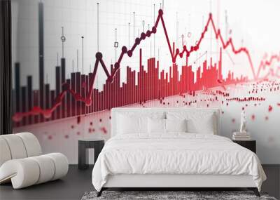 Close-up of red downward sloping graphs on a line graph. Diagram standing on a white background. Business, finance concept. Decline and growth on the stock exchange. Wall mural