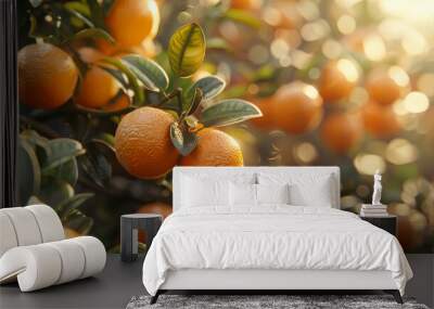 Close-up of ripe oranges growing in an orange grove. A bunch of orange trees. Fruit, gardening concept. Wall mural