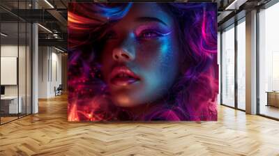 Close-up of the face of a beautiful woman with purple-pink wavy hair and bright makeup. Beauty and fashion concept. Wall mural