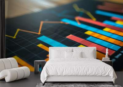 Colorful bar chart displaying fluctuating data trends on a wooden table Wall mural