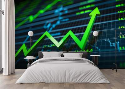 Digital chart of the stock market with a green arrow going up. Profit growth concept, analysis. Wall mural