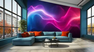 Dynamic abstract waves in vibrant colors flow gracefully against a dark background, creating an energetic visual effect Wall mural