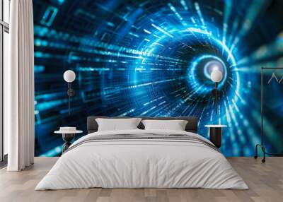 Dynamic blue digital tunnel visualizing data flow through a futuristic network environment Wall mural