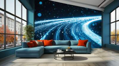 Glowing blue lines and particles create an abstract visual representation of technology in a dark background setting Wall mural