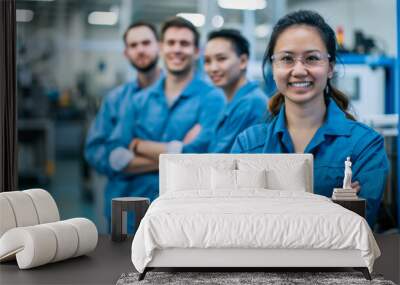 Group of diverse individuals smiling and standing confidently in industrial work attire at a manufacturing facility Wall mural