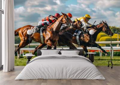 Horseback riding. A horse and jockey take part in an outdoor race. Concept of sport, movement. Wall mural