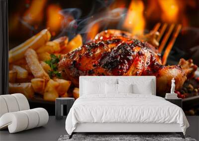 Hot crispy grilled chicken on a white plate with french fries. Freshly cooked chicken. Food concept. Wall mural