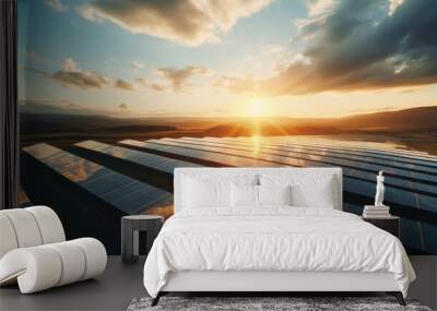 Large solar panels on a solar farm in sunset light. View from a drone. Ecology concept, renewable resources. Wall mural