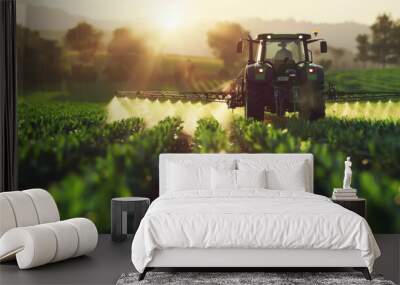 Modern agricultural equipment carries out chemical treatment on a green wheat field at sunset. A tractor sprays chemicals on a green field. Concept of agriculture, ecology. Wall mural