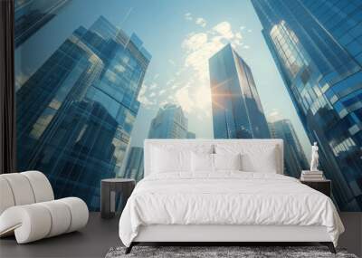 Modern city with glass skyscrapers. Bottom view of the metropolis. Modern city concept. Wall mural