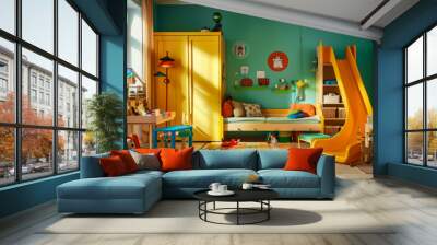 Modern interior of a colorful children's room with a slide, folding table, wardrobe and various toys. Children's bedroom design. Interior and design concept. Wall mural