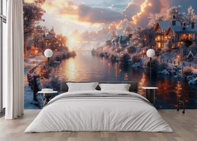 Scenery. Snowy city with cute houses at sunset. End of winter, holiday. Wall mural