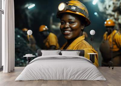 Smiling miner in yellow helmet working in a vibrant underground mine during daylight hours with coworkers in the background Wall mural