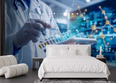 The hands of a scientist in a pharmaceutical company releases a new product or new medical equipment. Technology, science concept. Wall mural