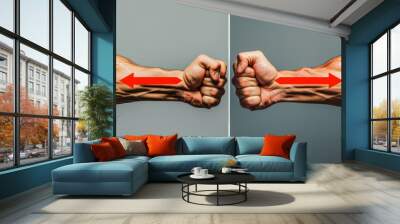 Two hands are shown: one fist is clenched, the other is open. Concept of force, attraction, reaction. Wall mural