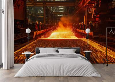 Workers pouring molten metal in a steel mill during the day, showcasing the intense industrial process of steel production Wall mural