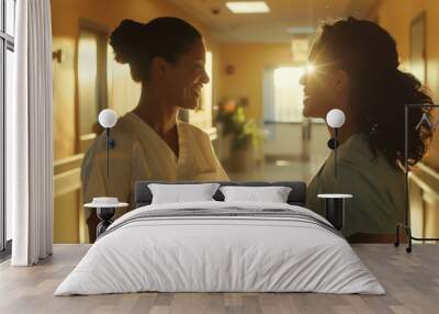 Young happy woman in a hospital uniform communicates with a patient at sunset in the corridor. Beautiful nurse in a hospital room. Healthcare concept. Wall mural