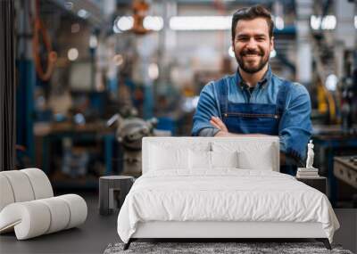 Young mechanic man in a blue overall stands in a workshop with his arms crossed. Handsome man works in an industrial workshop. Concept of industry, work. Wall mural