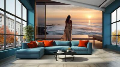 Young woman in an elegant dress in a modern living room overlooking the ocean. Concept of relaxation, enjoyment or freedom. Wall mural