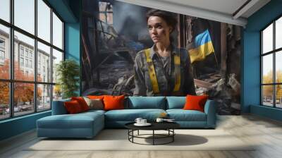 Ukrainian woman soldier, savior on the background of a destroyed building, war in Ukraine, Generative AI Wall mural