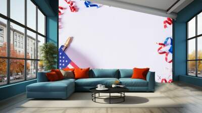 USA Independence day concept. USA flags and Red and blue spirals and white stars top view, flat lay on white background with copy space Wall mural