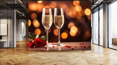 Valentines day concept. Champagne glasses and flowers on blurred background Wall mural