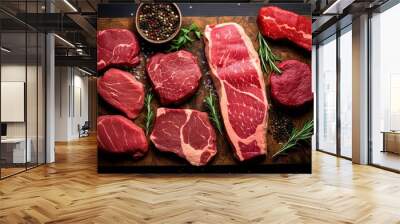 Variety raw meat steaks with rosemary and spices on wooden background Wall mural