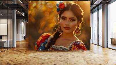 Woman in traditional Mexican dress with artistic makeup and floral adornments at golden hour Wall mural